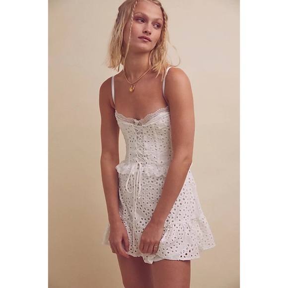 Free People x For Love & Lemons Sadie Eyelet Corset Tiered Ruffle Mini Dress - Picture 5 of 13
